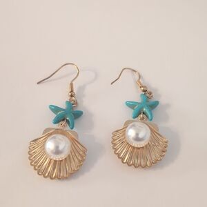 Gold Seashells with‎ Faux Pearl and Turquoise Starfish Dangle Earrings